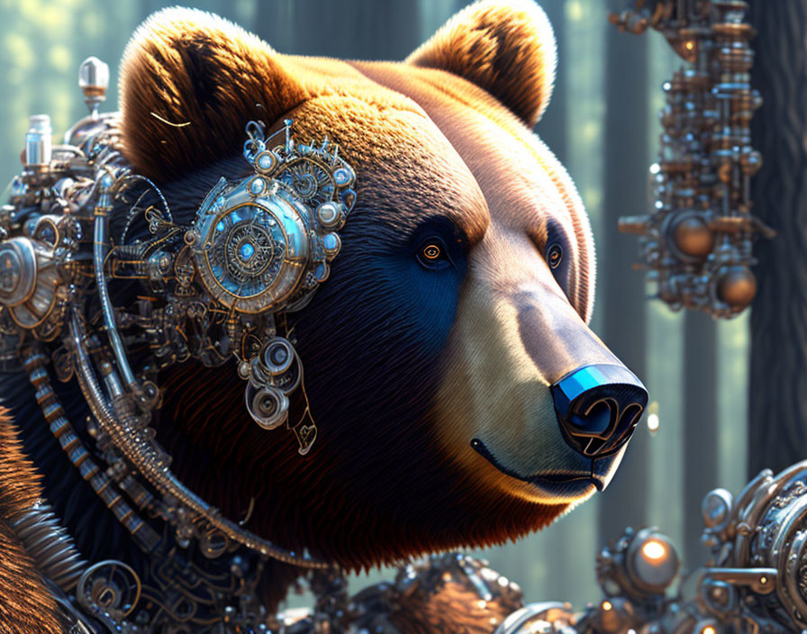 Steampunk-themed digital artwork featuring a bear with mechanical elements