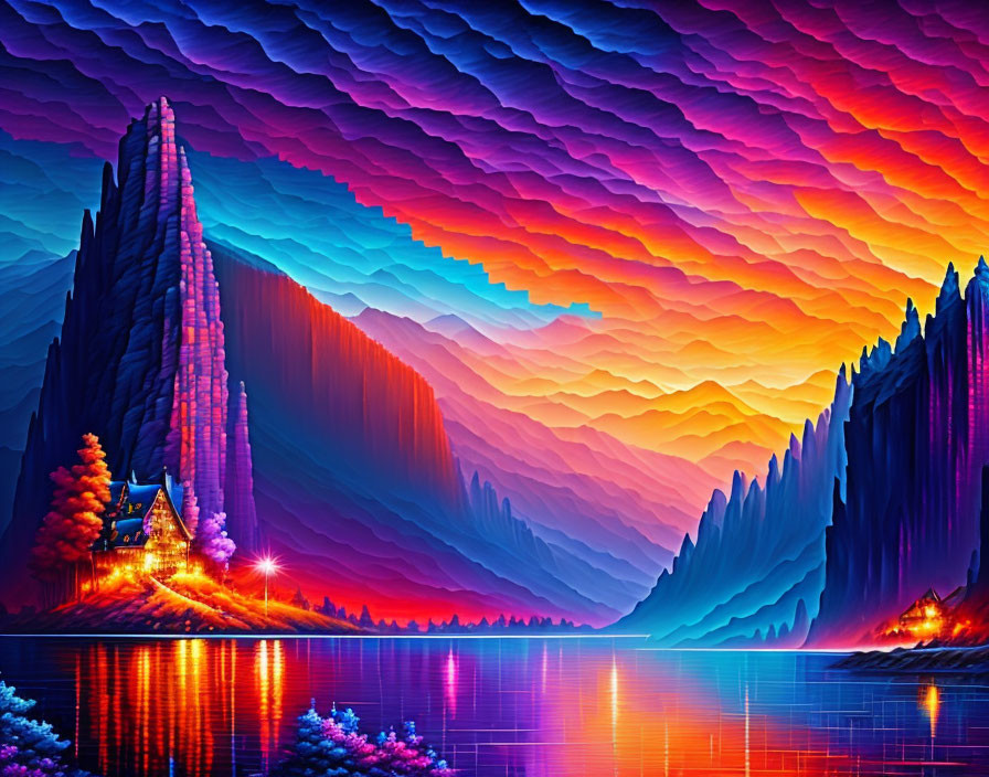 Surreal landscape with cabin, water, mountains, colorful sky