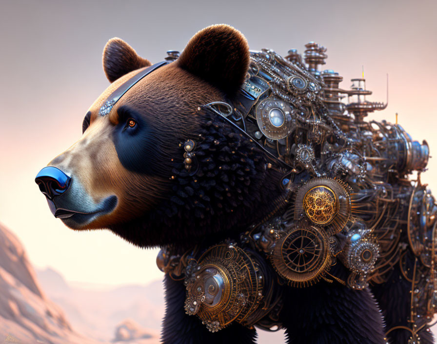 Steampunk bear digital artwork in dusky landscape