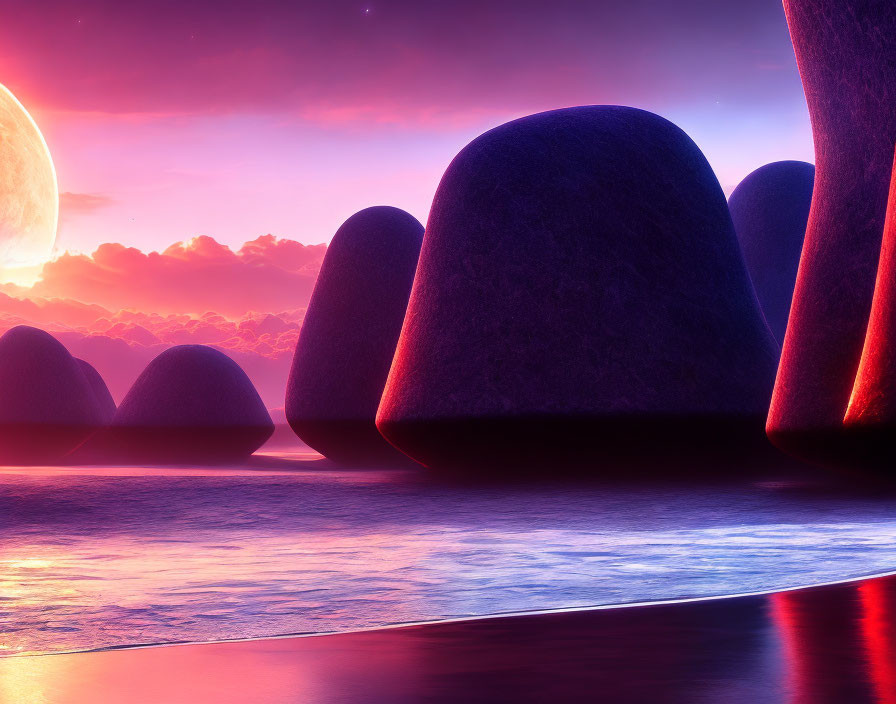 Otherworldly landscape with towering rock formations, large moon, and pink sunset sky.