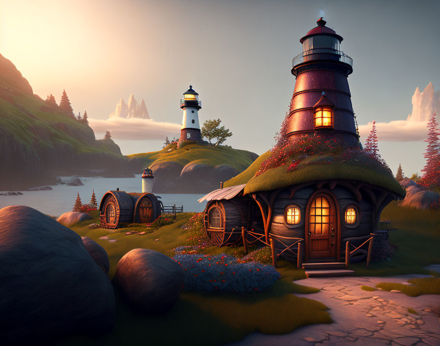 Whimsical moss-covered cottage with lighthouse by the coast at sunset