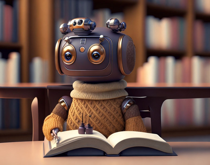 Adorable robot in glasses reads book at wooden table