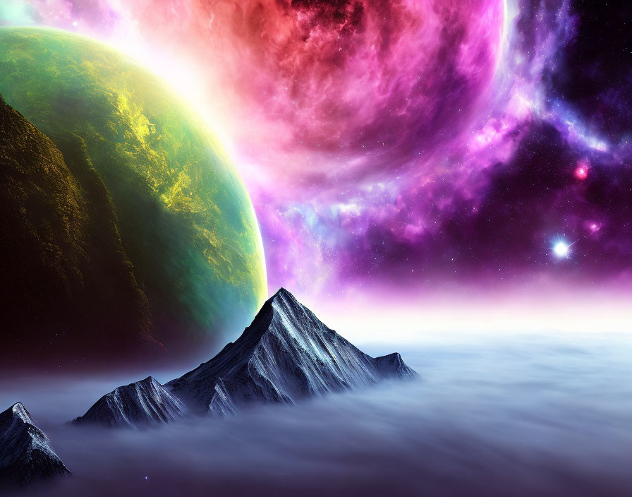 Snow-capped mountains in cosmic landscape with vibrant planet and nebulae