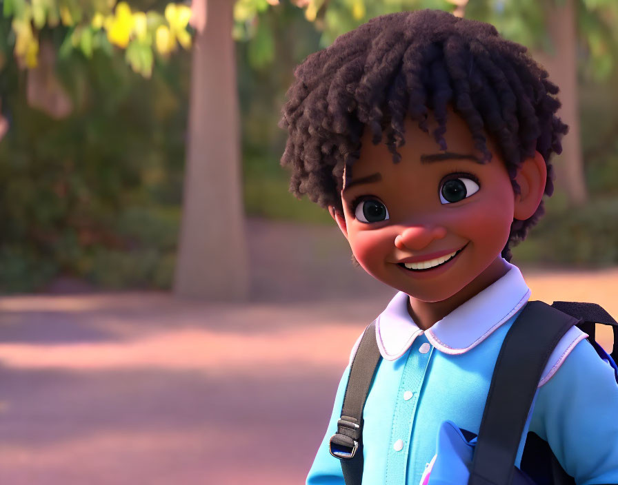 Smiling animated boy with curly hair in blue shirt outdoors