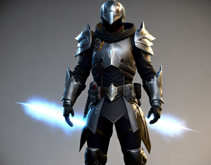 Futuristic knight in gray and black armor with blue glowing wings