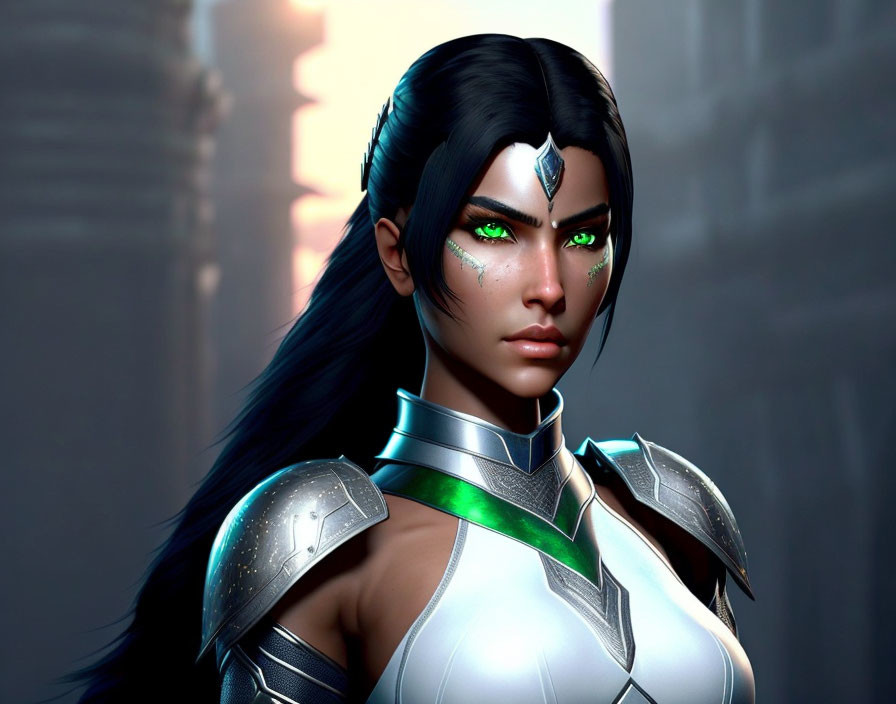 Digital Artwork: Female Character with Dark Hair, Green Glowing Eyes, and Futuristic Silver Armor