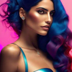 Vibrant blue hair woman in blue dress on pink background