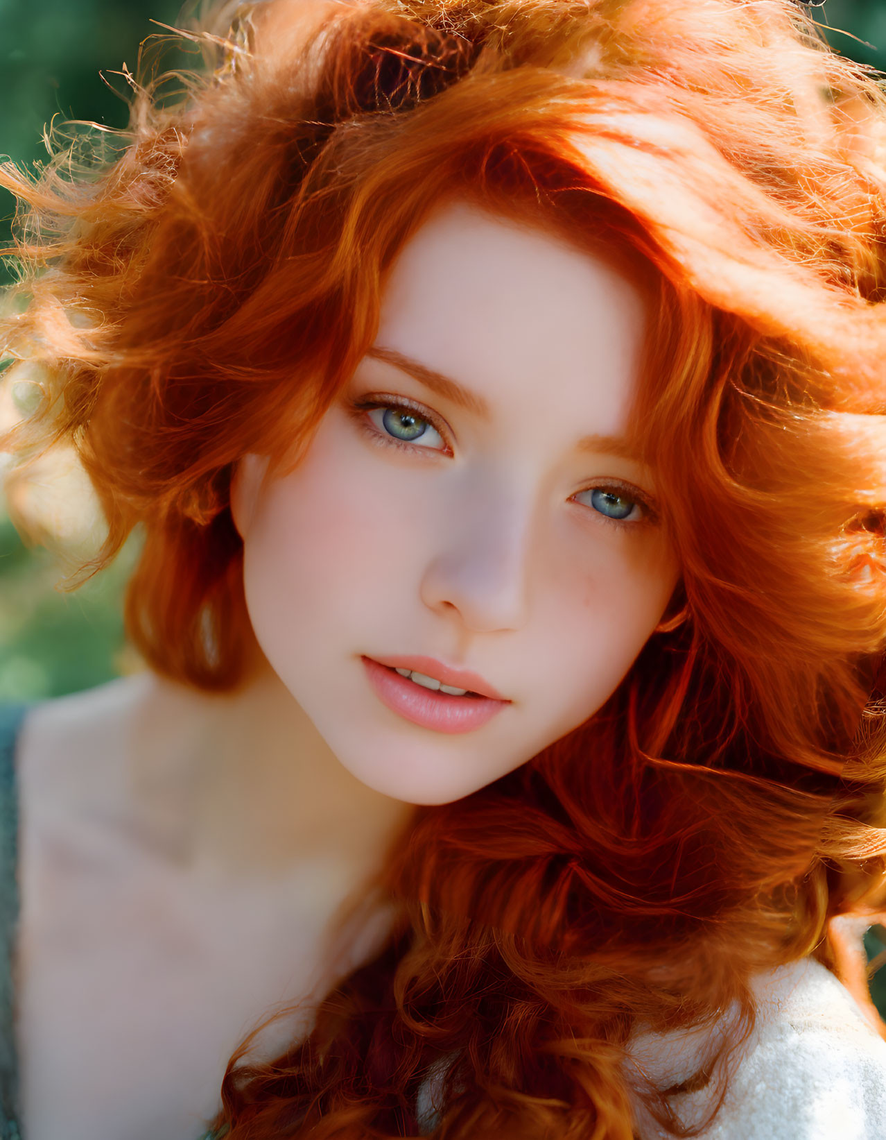 Portrait of woman with red curly hair, pale skin, blue eyes on green background