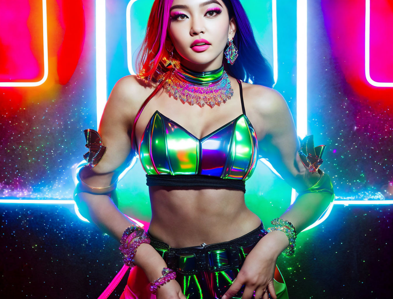 Female Figure in Metallic Attire Amid Neon Lights