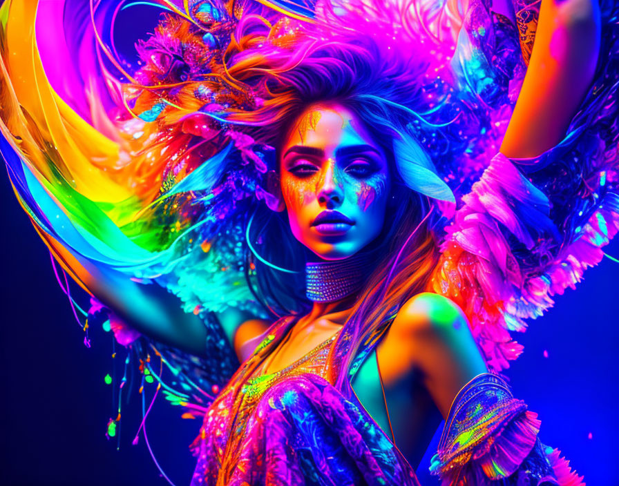 Colorful makeup and feathers: Neon glow woman in dynamic pose