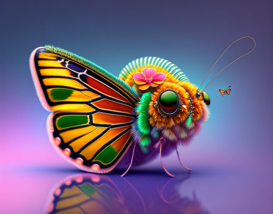 Colorful Butterfly Illustration with Green Eyes and Flower Detail