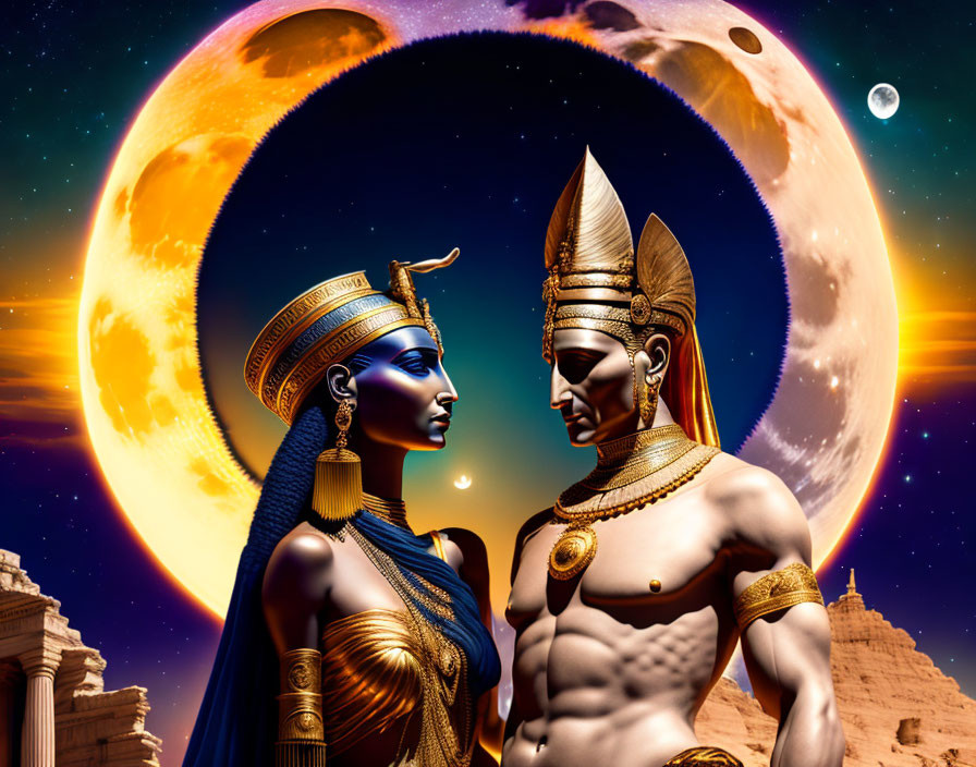 Stylized Egyptian-themed characters with elaborate headdresses in digital artwork