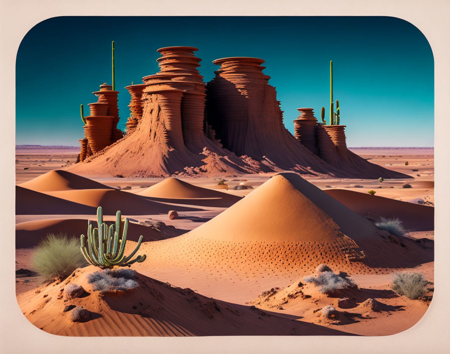 Surreal desert landscape with towering rock formations and cactus