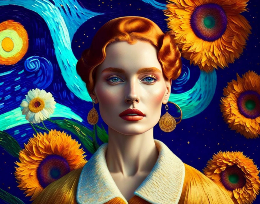 Artwork: Woman's portrait merges with Starry Night and Sunflowers