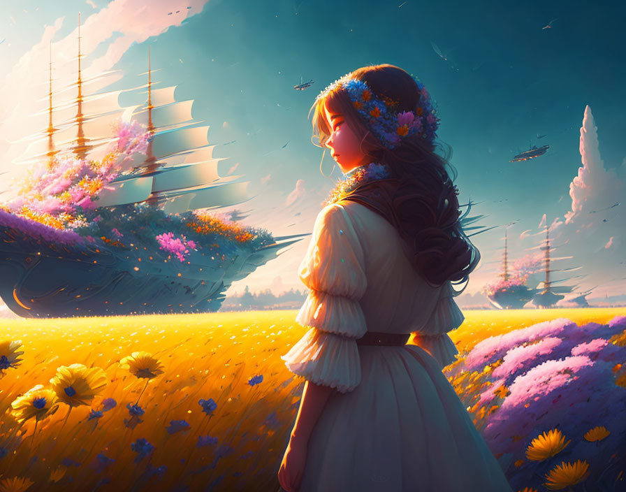 Woman with flowers in hair gazing at ship in air over floating islands