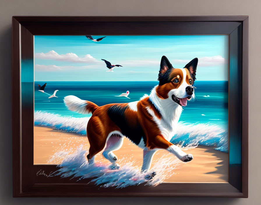 Joyful dog running on beach with waves and seagulls in framed painting