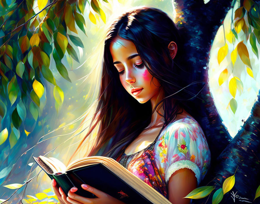 Young woman reading book in sun-dappled forest surrounded by green leaves