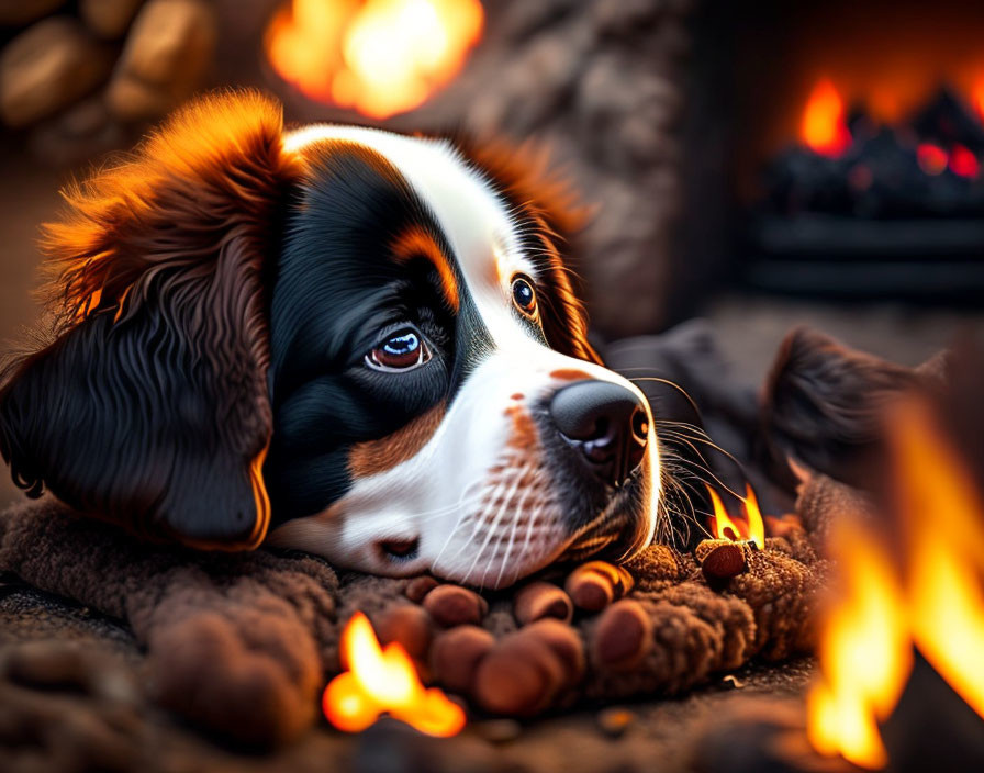 Bernese Mountain Dog resting by cozy fire with warm lighting.