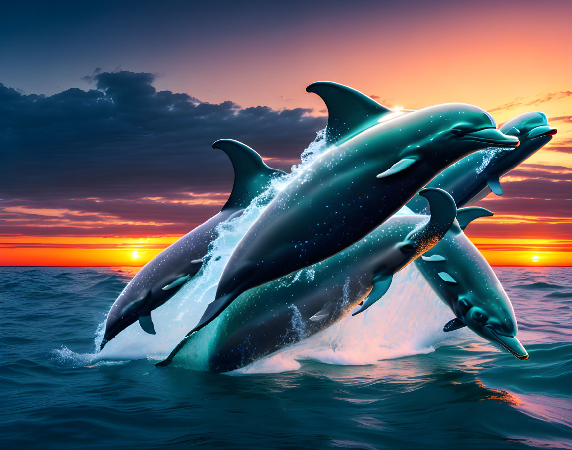 Three dolphins leaping at sunset over vibrant ocean backdrop