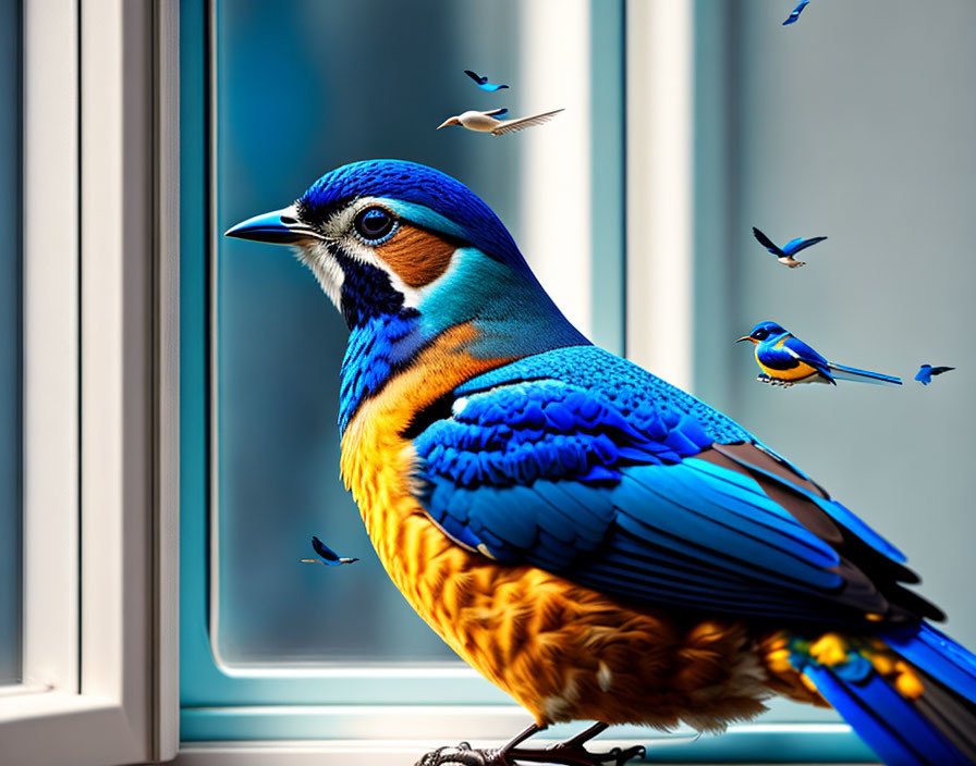 Colorful Bird Perched by Window with Flying Birds