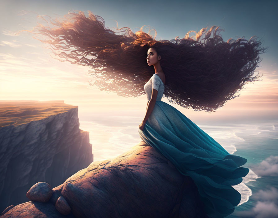 Woman sitting on cliff with flowing dress, hair in wind, sunset sky view