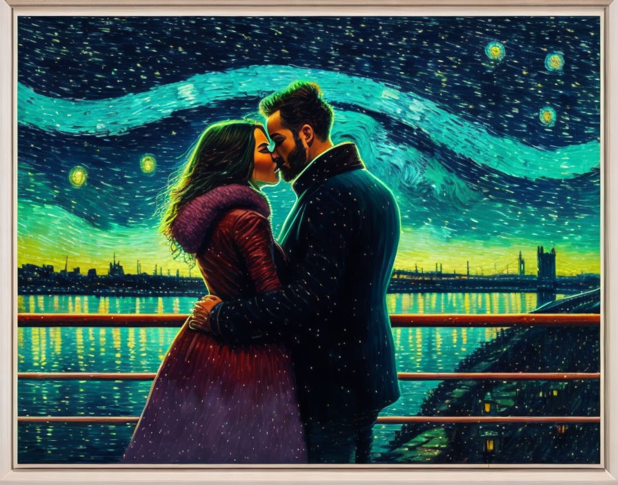 Couple kissing on bridge under starry sky with city skyline reminiscent of "Starry Night