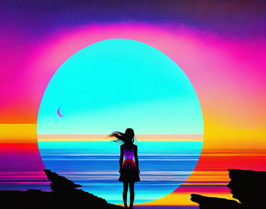 Silhouette of a Woman in Surreal Sunset Scene