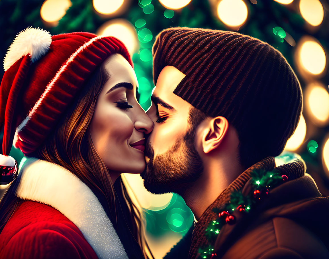 Couple kissing in winter attire with blurred Christmas lights background