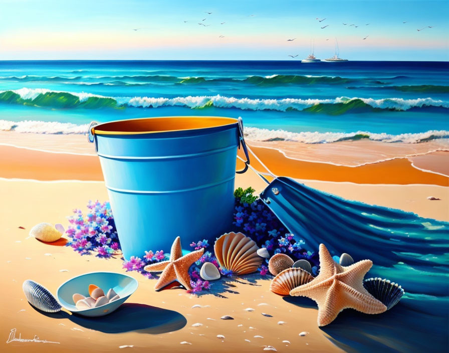 Beach scene with blue bucket, flippers, shells, starfish, flowers, sailboat,