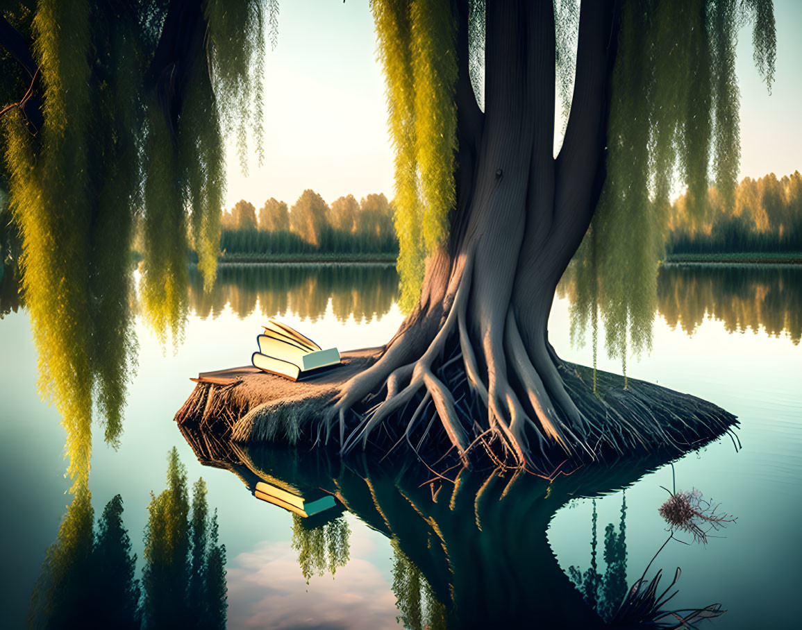 Tranquil lake scene with rooted tree and books