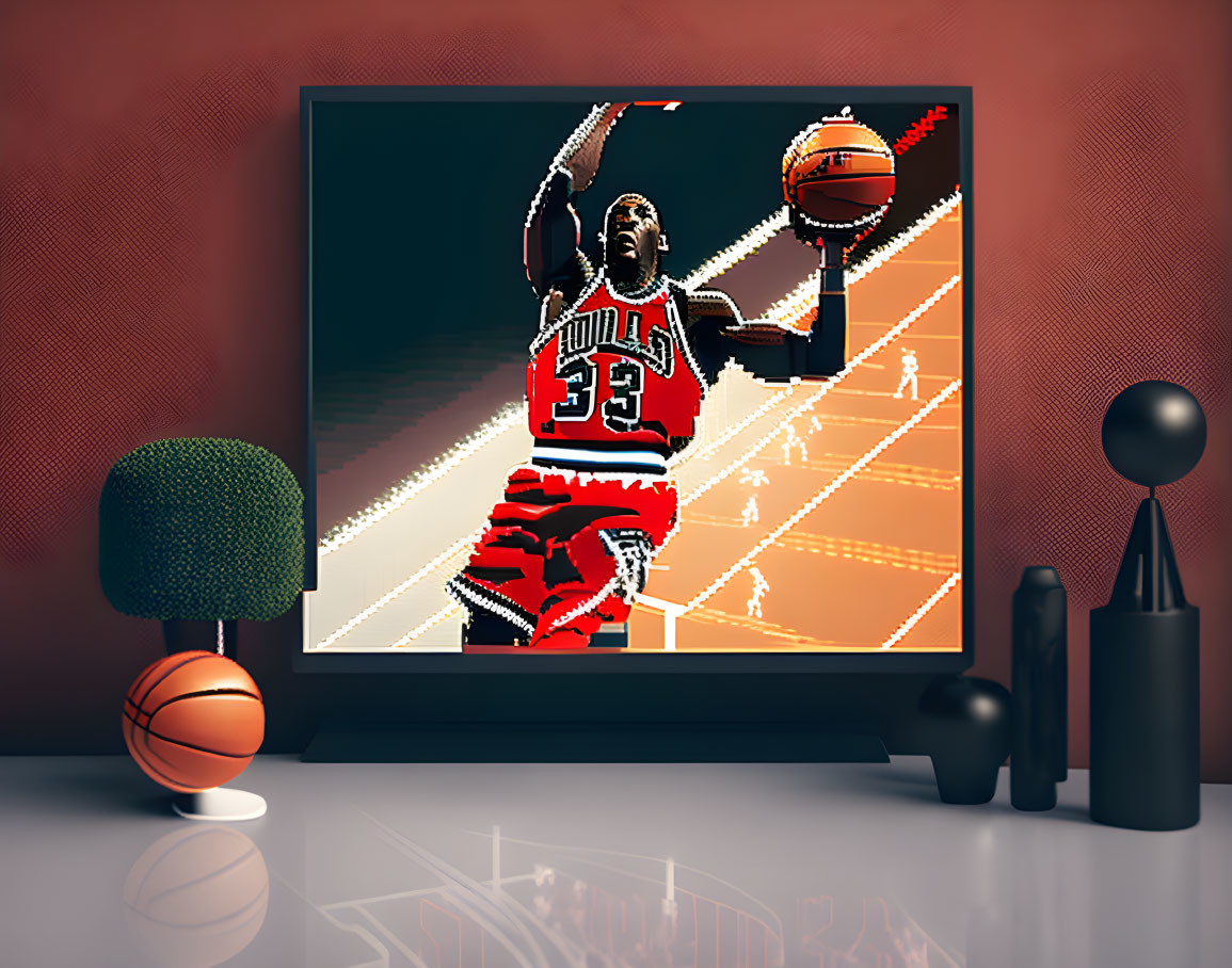 Basketball player in red attire mid-dunk on TV screen with decorative items and basketball on shelf.