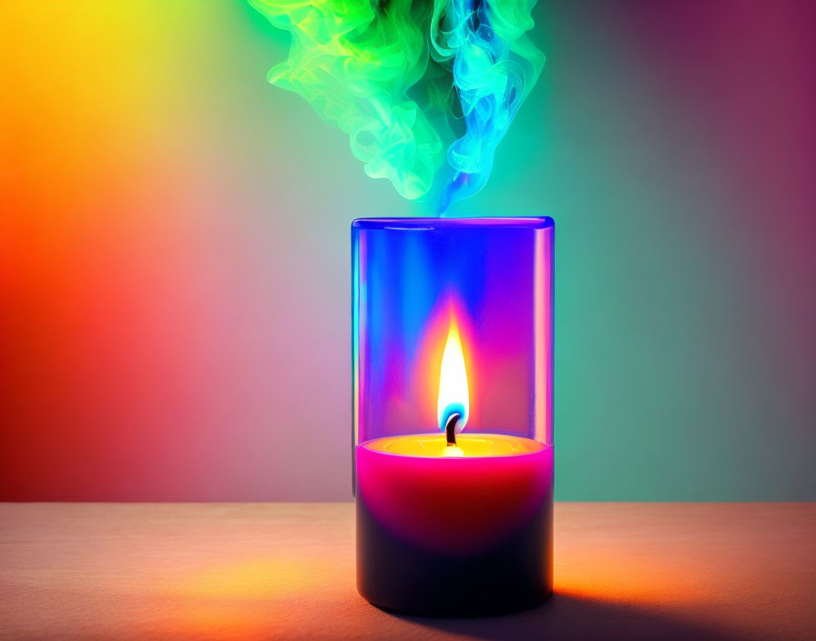 Colorful Smoke Rises from Lit Candle in Glass Container