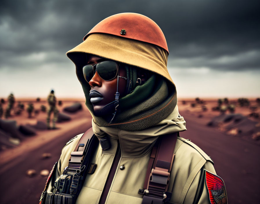 Military person in beret and sunglasses in desert scenery