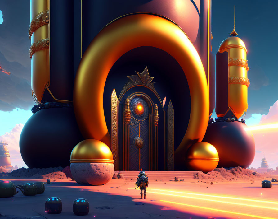 Astronaut at grand ornate gate in futuristic desert landscape