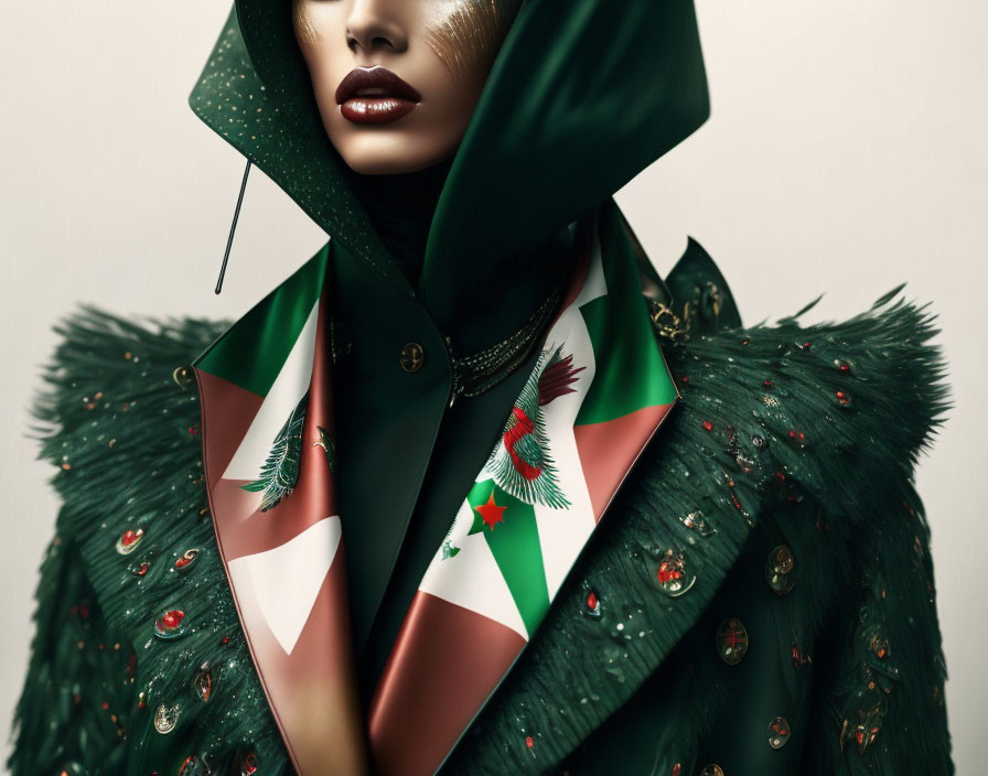 Elaborate green hood and coat with flag-inspired patterns