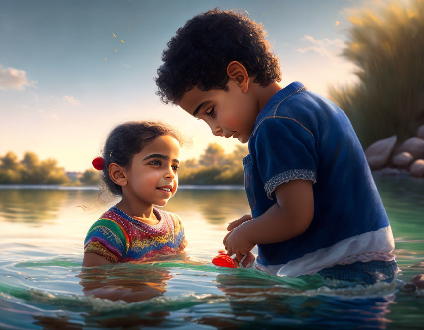 Children playing by water's edge: boy in blue shirt, girl with red hair tie, serene nature