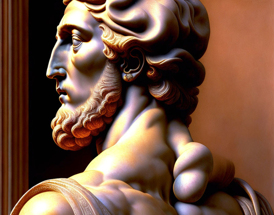 Classical sculpture of bearded male profile with flowing hair