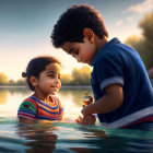 Children playing by water's edge: boy in blue shirt, girl with red hair tie, serene nature