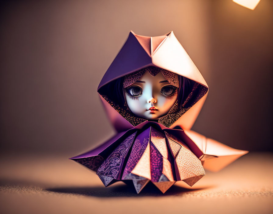 Intricately folded origami figure with doll-like face in patterned paper cloak