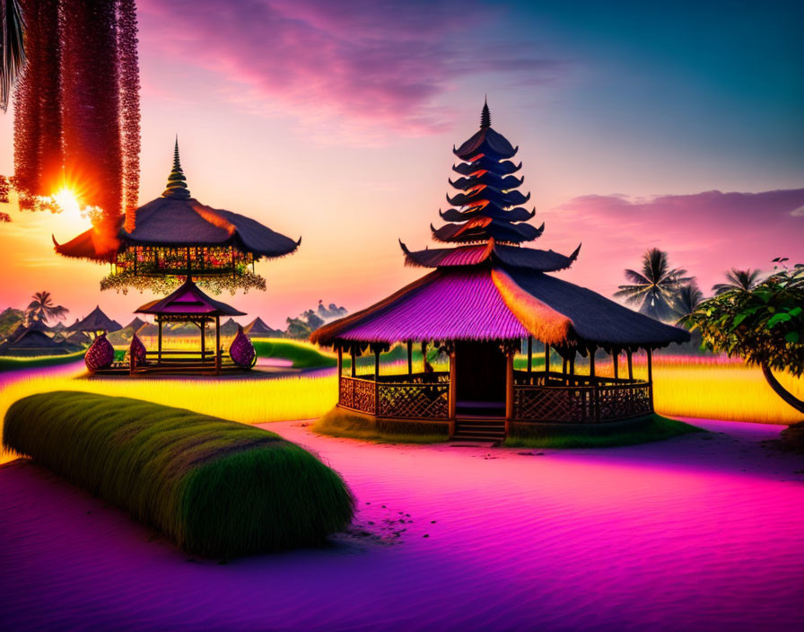 Traditional Asian pavilion at sunset in lush purple fields