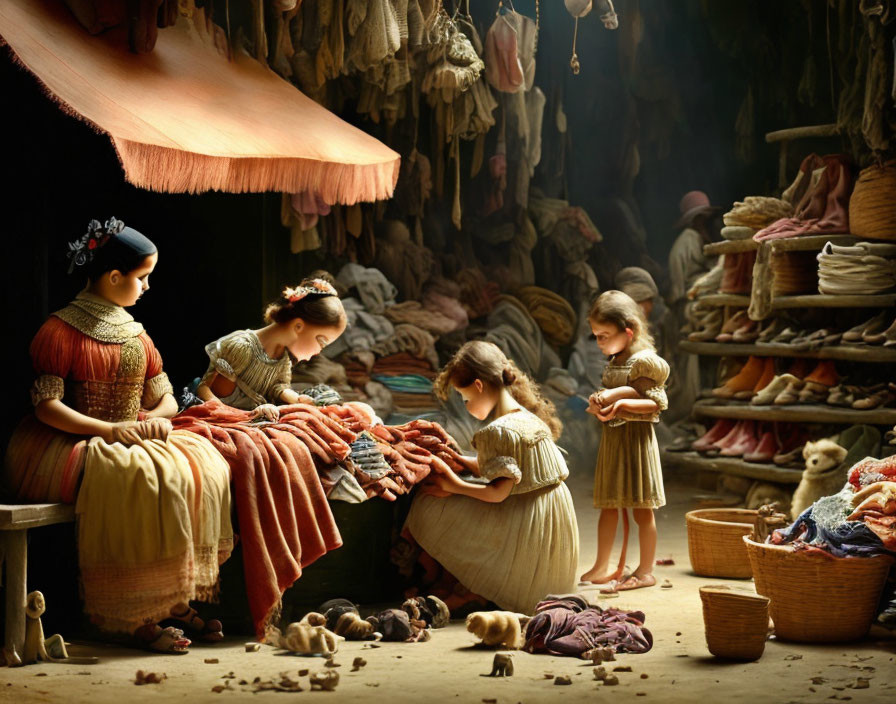 Women in traditional dresses and headscarves in dimly lit rustic room