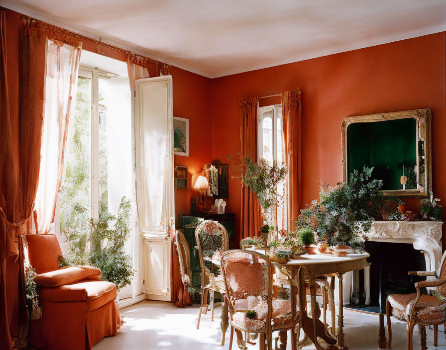 Cozy room with orange walls, ornate furniture, green plants, antique fireplace