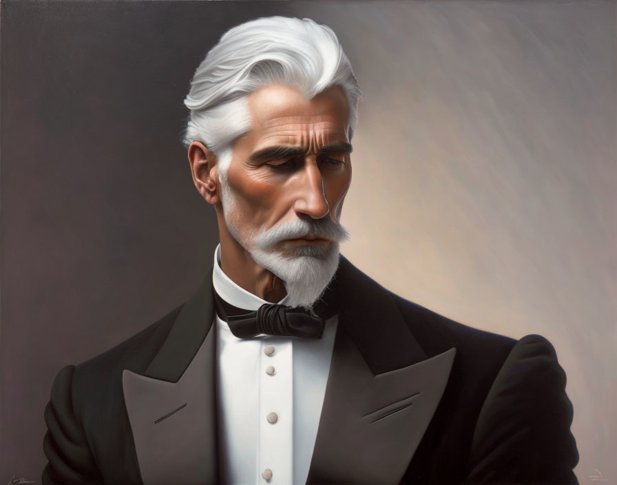 Sophisticated older man in tuxedo with white beard and hair.