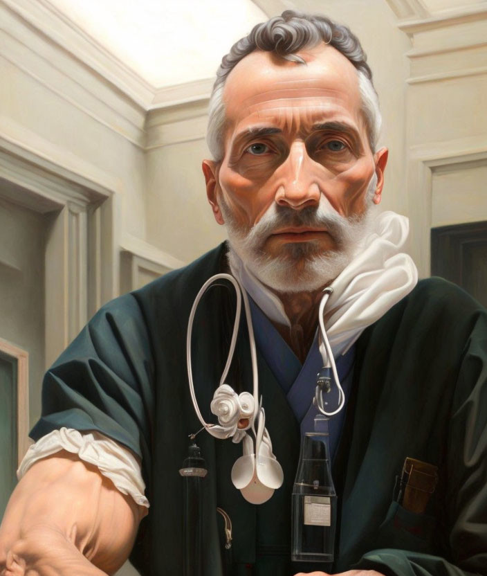 Traditional male doctor portrait with stethoscope and medical instruments