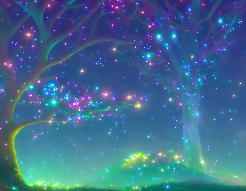 Ethereal glowing tree in misty neon night landscape