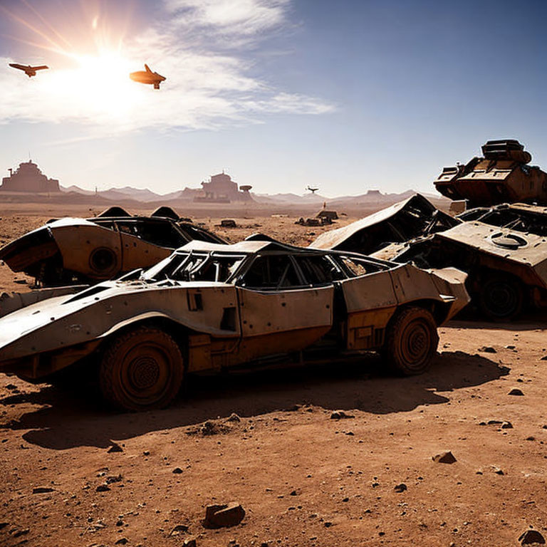 Abandoned futuristic vehicles in desert landscape