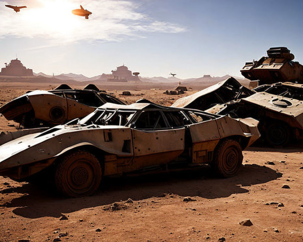 Abandoned futuristic vehicles in desert landscape
