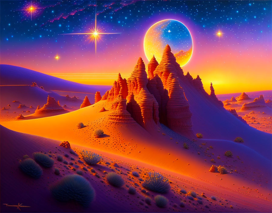 Vibrant orange desert landscape with glowing crescent moon