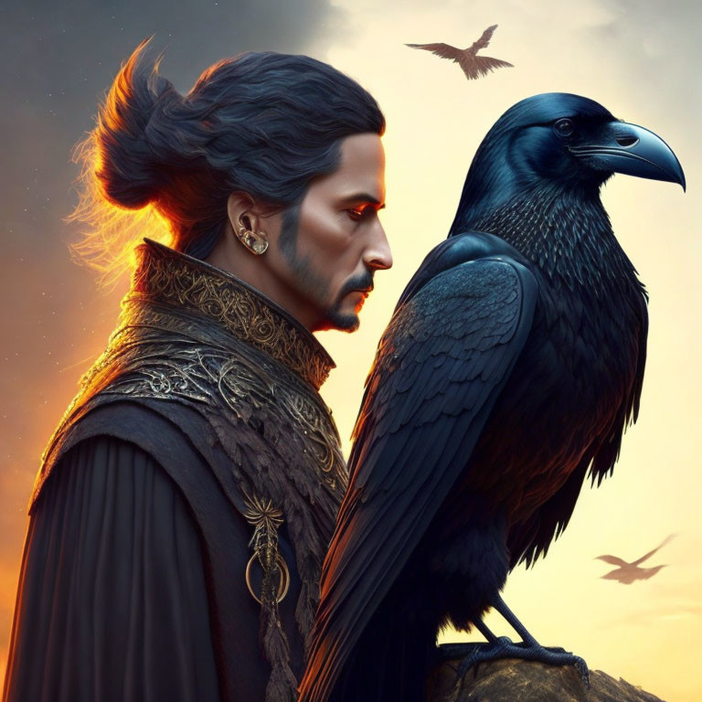 Detailed digital artwork: man with ponytail and raven in ornate attire against dusk sky