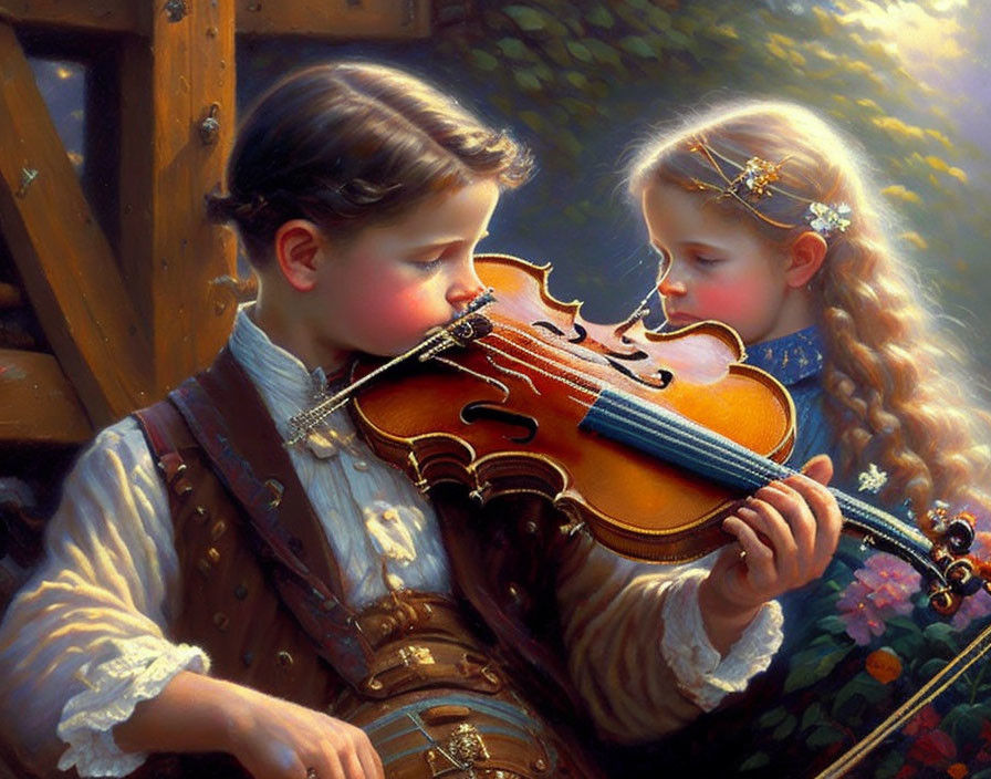 Traditional Attire Boy Plays Violin for Blonde Girl in Sunlit Garden